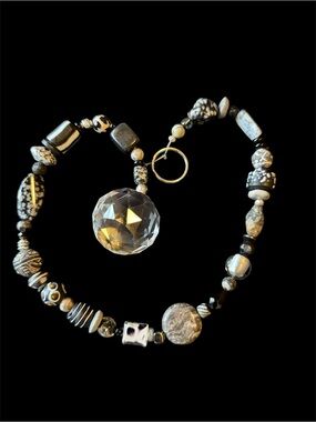 Handcrafted Black and White Beaded Necklace with Faceted Crystal Pendant